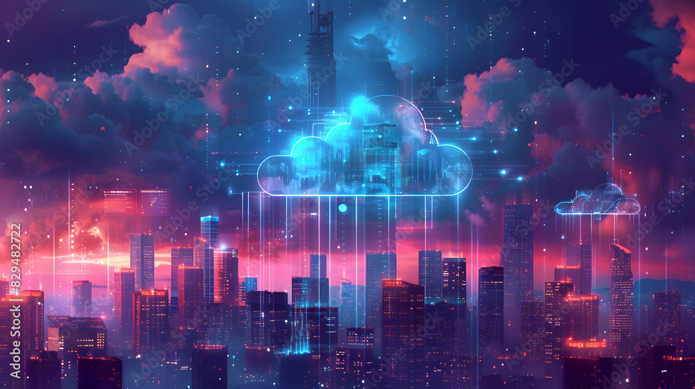 Fototapeta premium Cloud computing technology concept. Smart city and digital cloud data center.Futuristic big data processing cloud