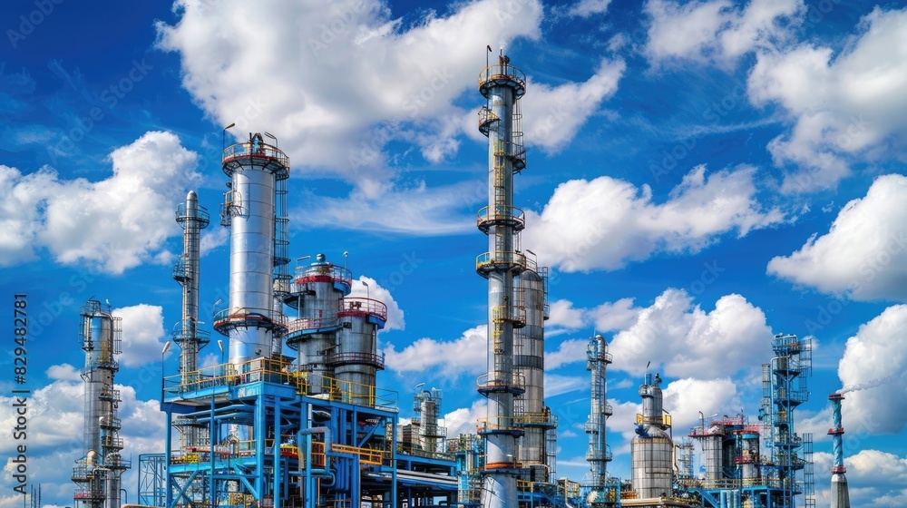 Obraz premium Oil Refinery. Industrial Plant Illuminated Amidst Pollution and Energy Production