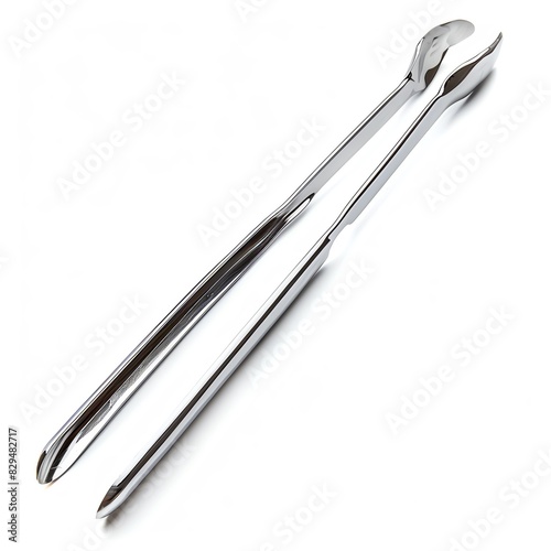 A pair of silver metal tongs with a curved handle and a V-shaped head.