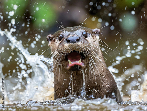 An otter frolicking in the water, creating splashes and ripples under the sunlight in nature. © Szalai
