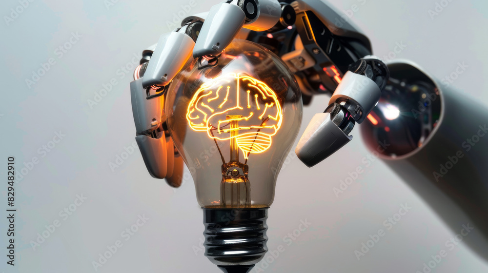 AI robot hand holding a light bulb with glowing brain inside ...