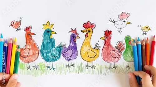 The hand drawing colourful picture of the group of the various type of chicken that has been drawn by the colored pencil or crayon on the white background that seem to be drawn by the child