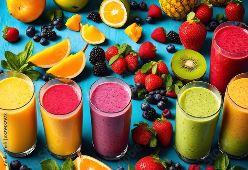 colorful exotic fruit smoothies fresh juicy ingredients vibrant blends, display, tropical, fruity, sweet, ripe, nutritious, dessert, beverage, puree, refreshing, healthy