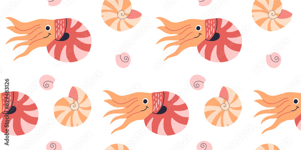 Cute animals - chambered nautilus. Seamless pattern for children. Baby Shower background. Cartoon character tropical mollusk isolated on white background. Coral reef underwater animal wildlife