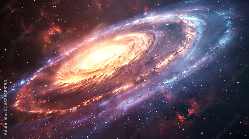 Obraz premium A breathtaking image of a spiral galaxy with a luminous core, showcasing the beauty and vastness of the cosmos with vivid colors.