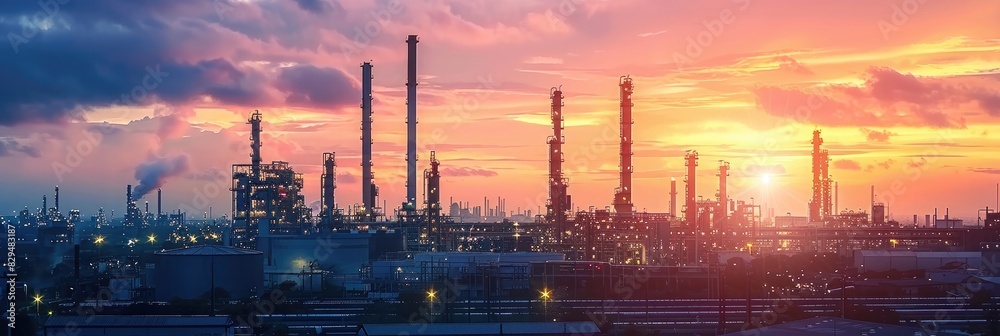 Oil Refinery. Industrial Plant Illuminated Amidst Pollution and Energy Production Oil Refinery. Industrial Plant Illuminated Amidst Pollution and Energy Production