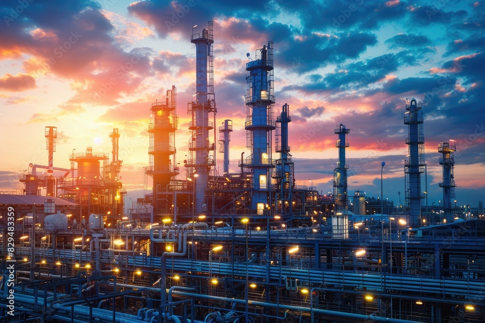 Fototapeta premium Oil Refinery. Industrial Plant Illuminated Amidst Pollution and Energy Production