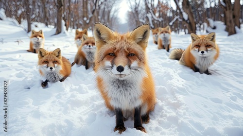 A Cute foxes on the snow during winter season in Zao fox village, Miyagi, Japan photo