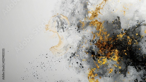 The abstract picture of the gold, grey and black colour that has been painted or splashed on the white blank background wallpaper to form random shape that cannot be describe yet beautiful photo