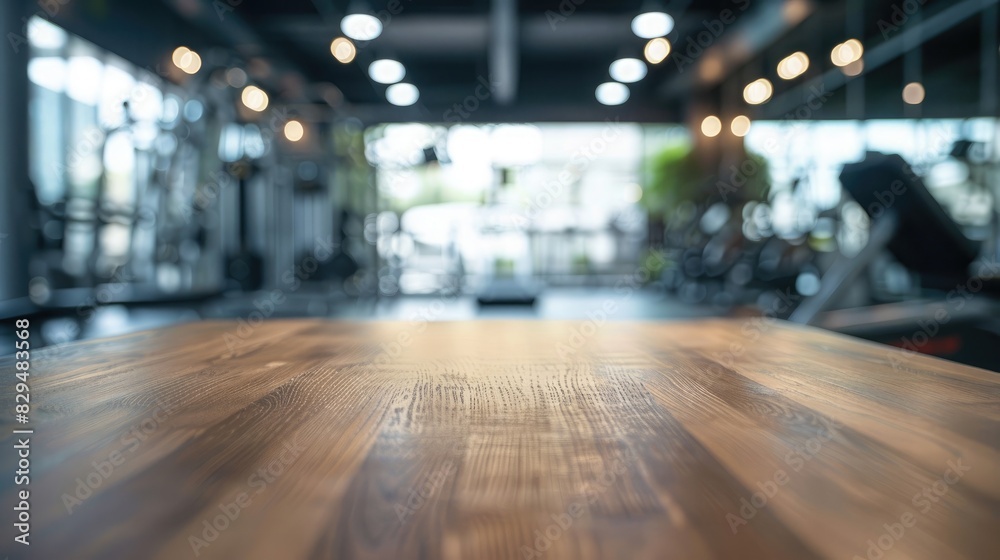 Blurred wooden table view of a modern gym or fitness center in the background. There is a clear focus on the wooden table or counter in the foreground. The wood surface looks rustic