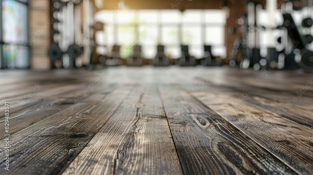 Blurred wooden table view of a modern gym or fitness center in the background. There is a clear focus on the wooden table or counter in the foreground. The wood surface looks rustic Blurred wooden table view of a modern gym or fitness center in the background. There is a clear focus on the wooden table or counter in the foreground. The wood surface looks rustic