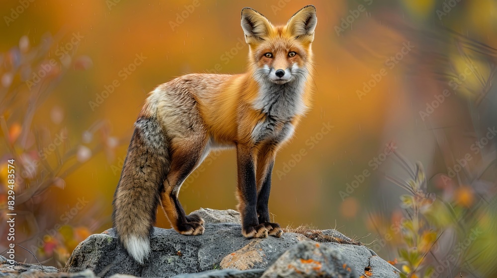Naklejka premium A young red fox with a bushy tail standing on top of a rock in autumn in Ottawa, Ontario, Canada