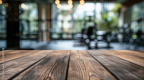 Blurred wooden table view of a modern gym or fitness center in the background. There is a clear focus on the wooden table or counter in the foreground. The wood surface looks rustic