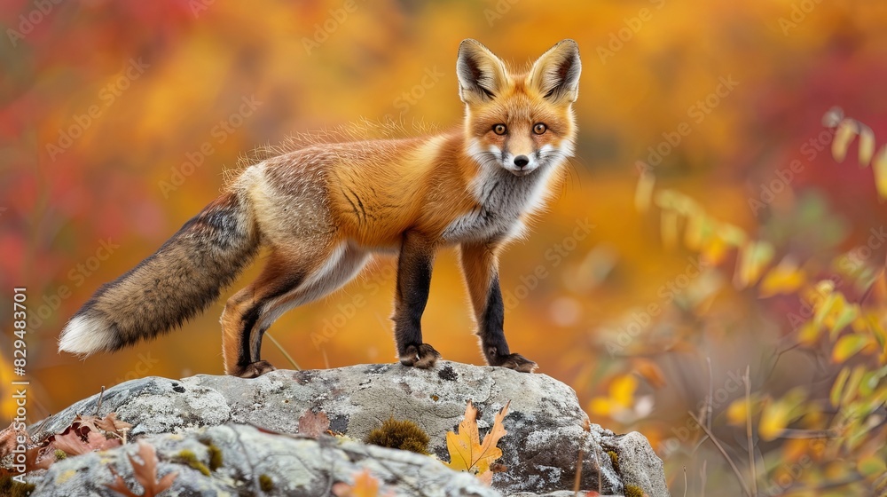 Obraz premium A young red fox with a bushy tail standing on top of a rock in autumn in Ottawa, Ontario, Canada