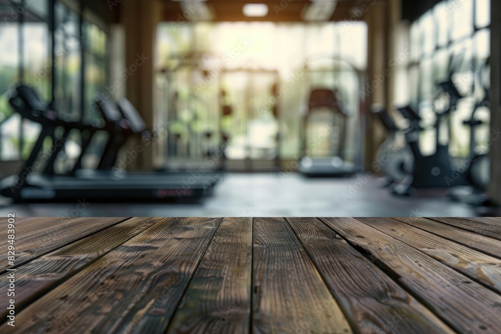 Blurred wooden table view of a modern gym or fitness center in the background. There is a clear focus on the wooden table or counter in the foreground. The wood surface looks rustic Blurred wooden table view of a modern gym or fitness center in the background. There is a clear focus on the wooden table or counter in the foreground. The wood surface looks rustic
