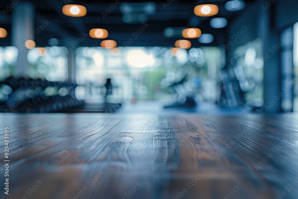 Blurred wooden table view of a modern gym or fitness center in the background. There is a clear focus on the wooden table or counter in the foreground. The wood surface looks rustic
