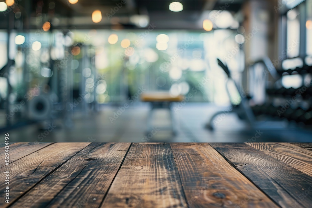 Blurred wooden table view of a modern gym or fitness center in the background. There is a clear focus on the wooden table or counter in the foreground. The wood surface looks rustic Blurred wooden table view of a modern gym or fitness center in the background. There is a clear focus on the wooden table or counter in the foreground. The wood surface looks rustic