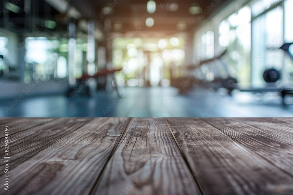Blurred wooden table view of a modern gym or fitness center in the background. There is a clear focus on the wooden table or counter in the foreground. The wood surface looks rustic Blurred wooden table view of a modern gym or fitness center in the background. There is a clear focus on the wooden table or counter in the foreground. The wood surface looks rustic