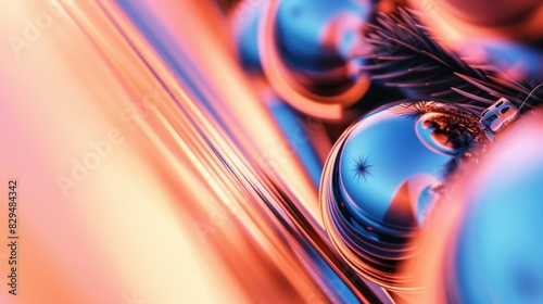 A vibrant abstract image of blue Christmas baubles reflecting light with an orange and pink gradient background, creating a modern holiday feel photo