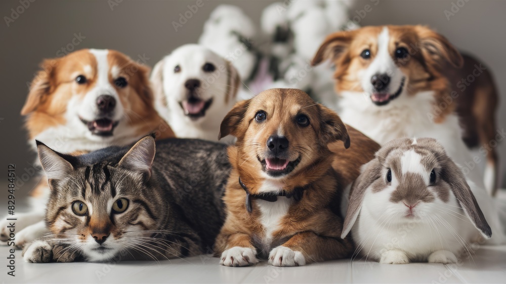 A group of dogs and cats are sitting next to each other, AI A group of dogs and cats are sitting next to each other, AI