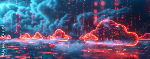 Blue and red cloudscape with rain. Futuristic representation of digital cloud computing with glowing neon lights and binary code, illustrating advanced technology and data storage. photo