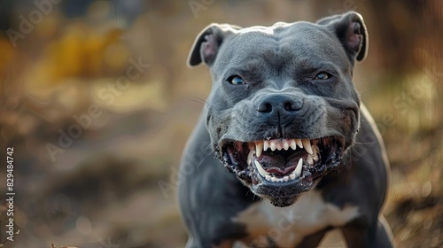 Beautiful angry dog staffordshire bull terrier. Blue american staffordshire terrier amstaff guard snatch criminal clothes. Service dog training Dog bites clothe during angry attack. Evil teeth in grin