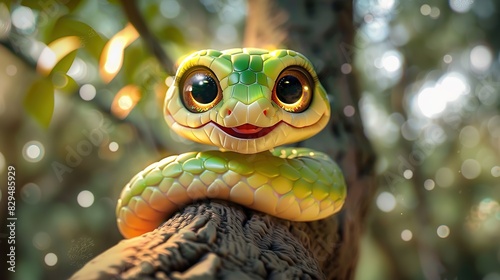 Beautiful cartoon friendly snake with colorful scales on an abstract background with bokeh and highlights © barinovalena