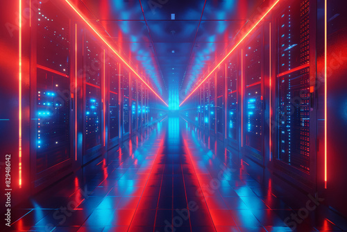 Abstract technology background with red and blue glowing neon lights. Futuristic sci-fi concept.