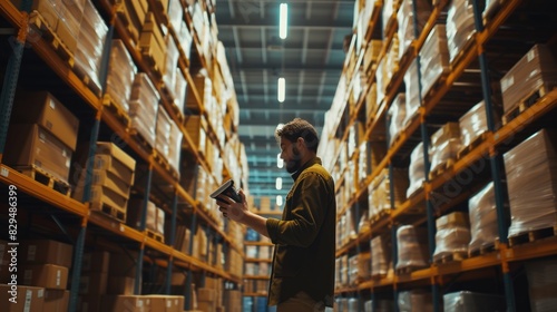 A man is standing in a building, gazing at a tablet amidst shelving, with wood flooring creating a serene atmosphere. AIG41