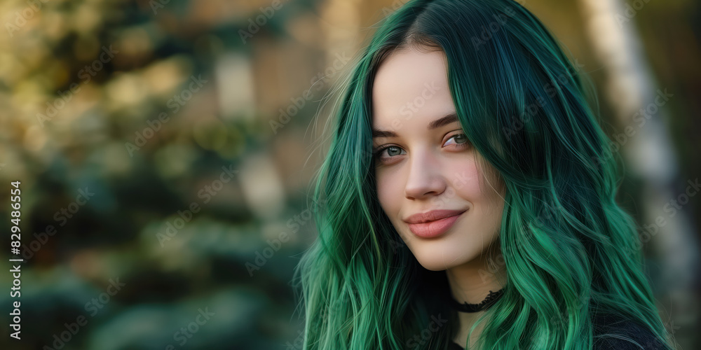Portrait of a smiling Woman with long green hair Portrait of a smiling Woman with long green hair