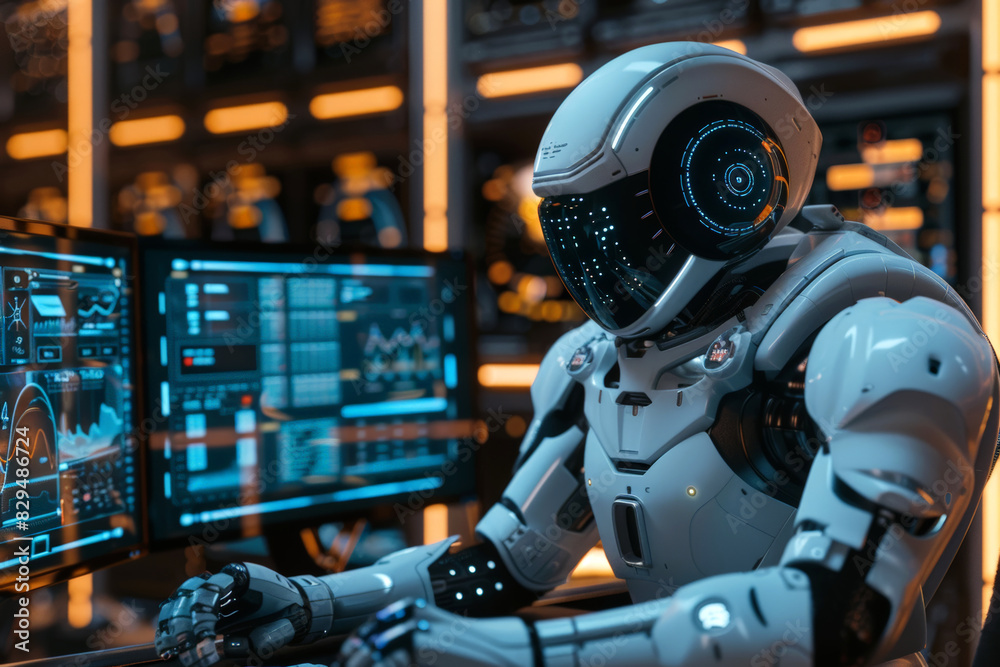 A robot works on a computer in a futuristic setting. A robot works on a computer in a futuristic setting.