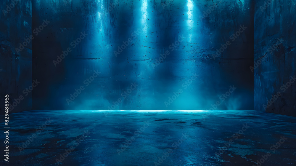 Fototapeta premium dark studio room with blue neon texture background. Generative AI.