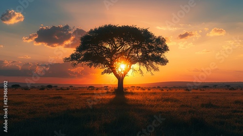 Panorama silhouette tree in africa with sunset.Tree silhouetted against a setting sun.Dark tree on open field dramatic sunrise.Typical african sunset with acacia trees in Masai Mara, Kenya photo