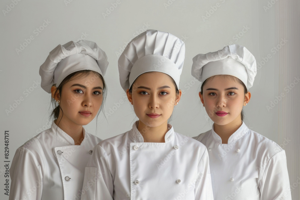 Three young female chefs in white uniforms, confidently facing the camera