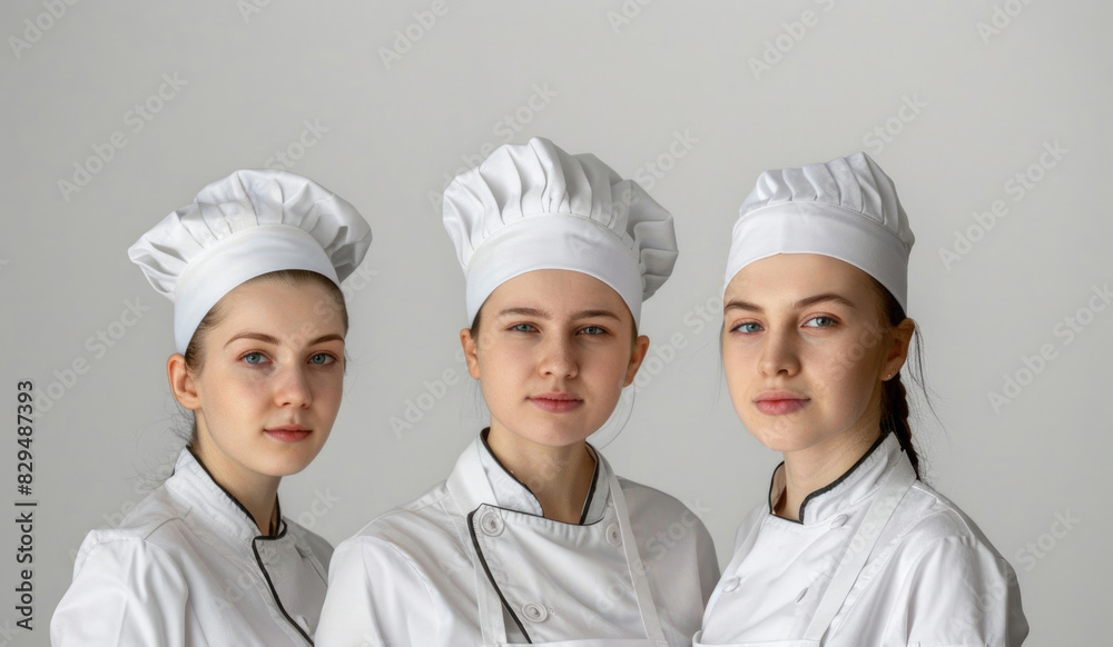 Three young female chefs in white uniforms, confidently facing the camera
