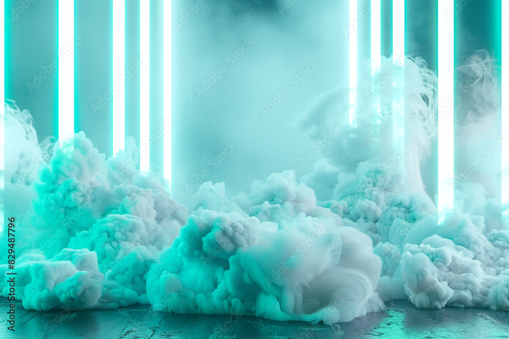 Turqoise Neon Neon turquoise details highlight bright white smoke in a modern stage ...