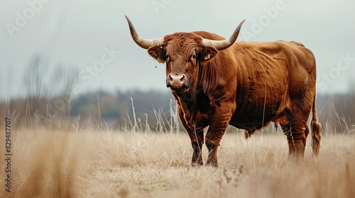Portrait of a large beautiful bull, brown in color, standing in a field. Cattle. A huge bull is grazing in a pasture. Dangerous animal. The big brown bull stands and looks ahead