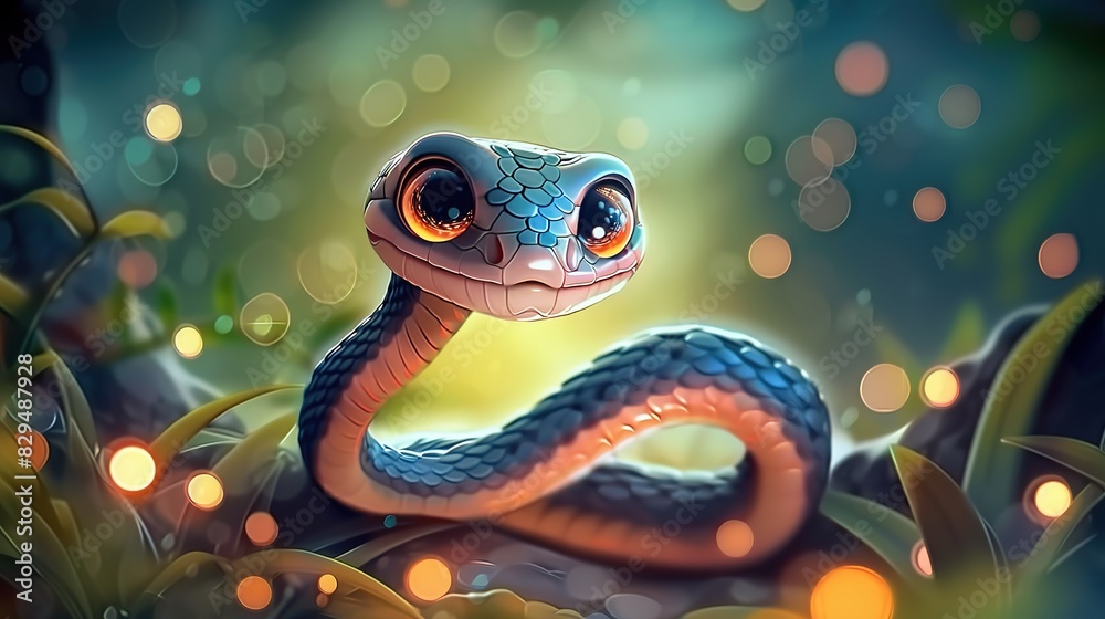 Beautiful cartoon friendly snake with colorful scales on an abstract background with bokeh and highlights Beautiful cartoon friendly snake with colorful scales on an abstract background with bokeh and highlights