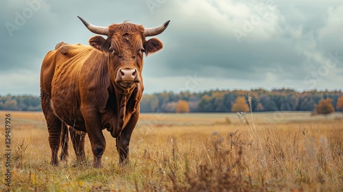 Portrait of a large beautiful bull, brown in color, standing in a field. Cattle. A huge bull is grazing in a pasture. Dangerous animal. The big brown bull stands and looks ahead photo