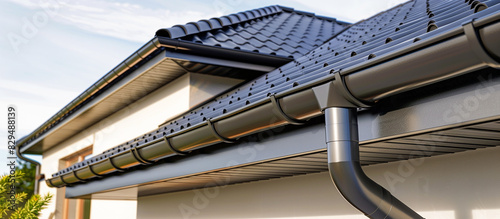 sleek black roof gutter and downpipe on modern home architectural detail system