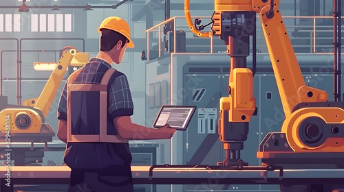 illustration of male worker using tablet controlling robot in factory