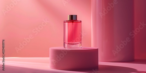 photograph, productive view, cylinder podium with perfume, solid dark black background, realism light setting, natural lighting, contrast photo of stock, place of the text, mockup template, pink