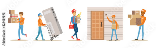 Man Character Delivery Service Worker Bring Freight Vector Set
