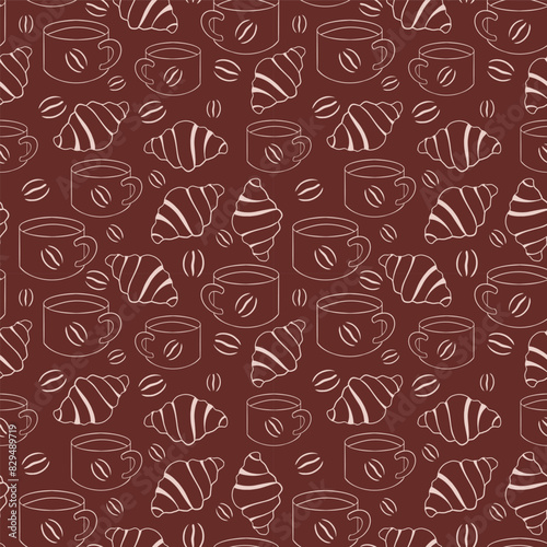 Coffee and croissant outline pattern design on brown background