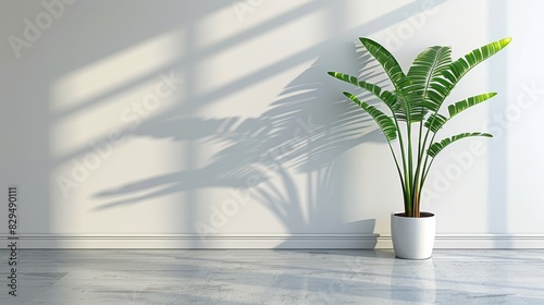  A potted plant rests atop a marble floor, adjacent to a white wall A palm tree shadow graces the plant's side photo