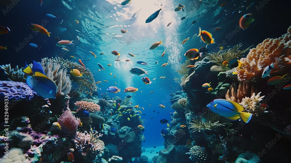 Fototapeta premium Tropical sea underwater fishes on coral reef. Aquarium oceanarium wildlife colorful marine panorama landscape nature snorkeling diving