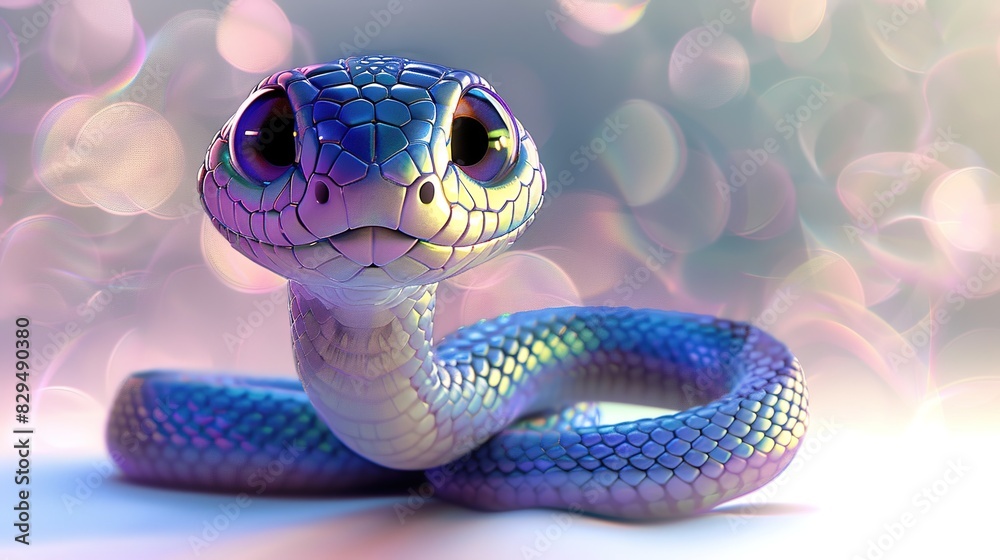 Fototapeta premium Beautiful cartoon friendly snake with colorful scales on an abstract background with bokeh and highlights