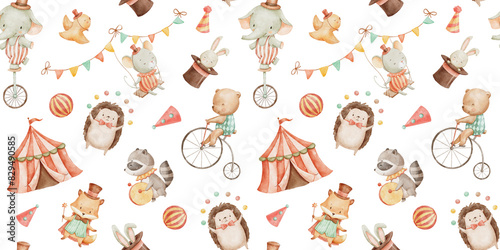 Seamless pattern with watercolor circus cute animals on white background. Hand drawn repeat backdrop for nursery, kids and baby. photo