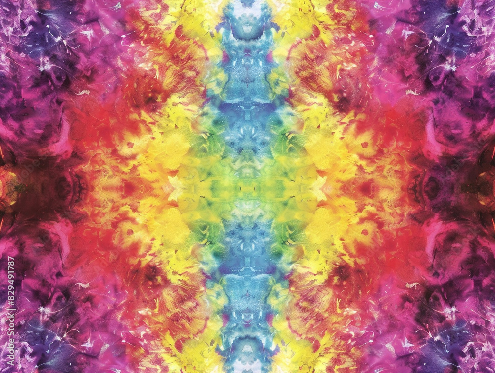Vibrant tiedye swirls in shades of pink, blue, and orange create a psychedelic pattern.