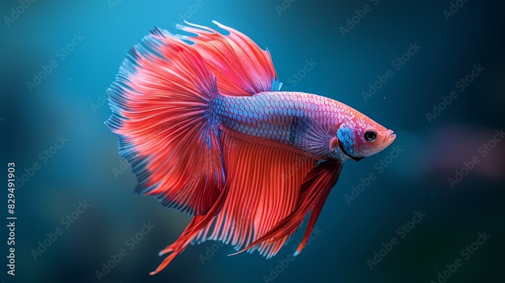 Betta fish with flowing red and blue fins, swimming gracefully in an aquamarine backdrop. Betta fish with flowing red and blue fins, swimming gracefully in an aquamarine backdrop.